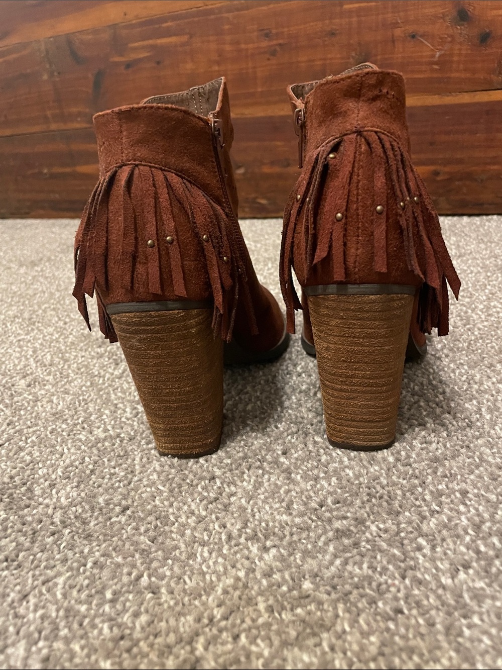 Fringed Suede Ankle Booties - Rust Brown - Picture 5 of 8
